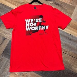 BreakingT NFLPA We're Not Worthy Red Graphic T-Shirt Mens Large Football Tee